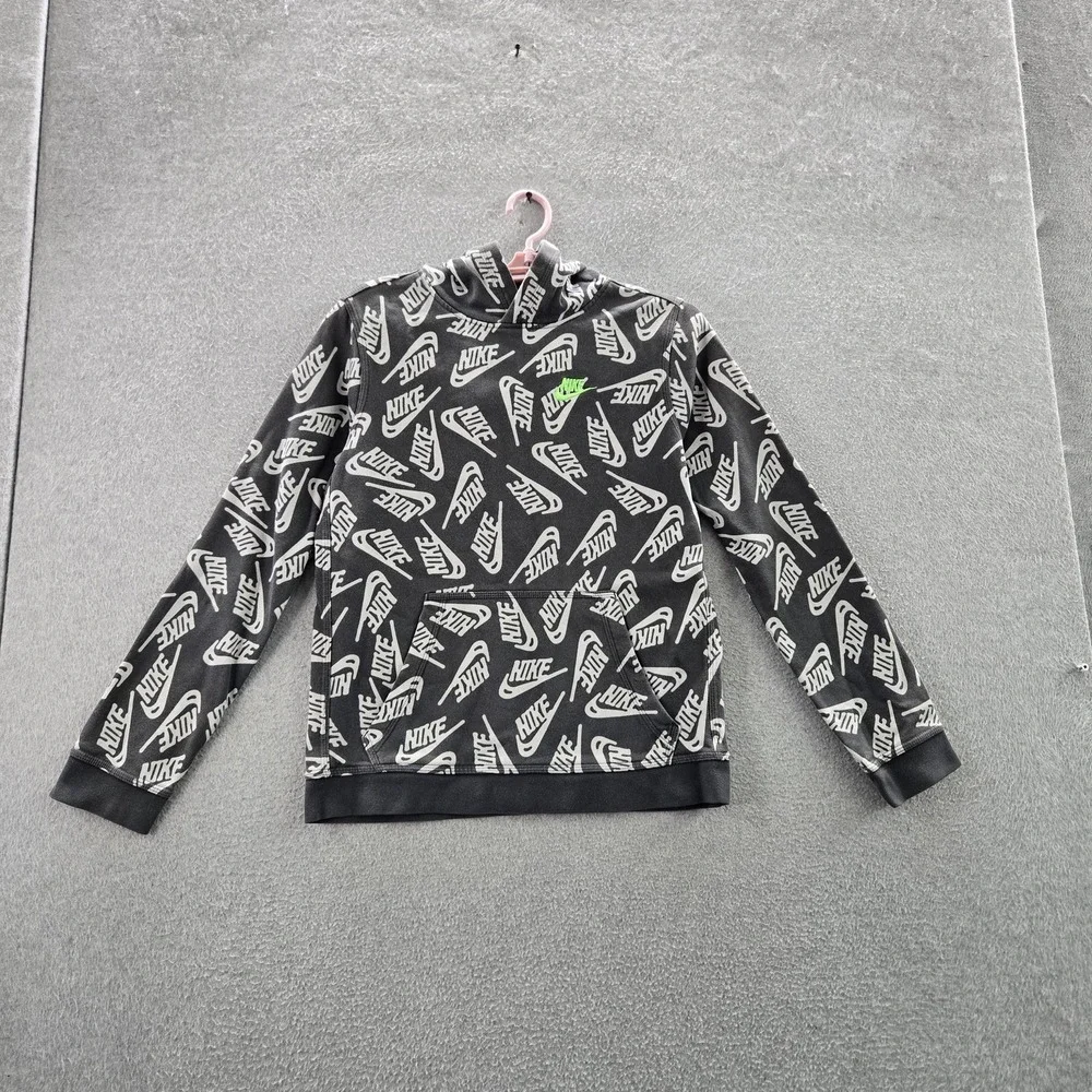 Nike Boy Hoodie XL Black Allover‎ Print Fleece DJ5508-070 Logo Long Sleeve